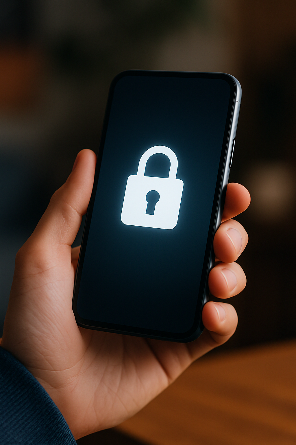 Person håller en mobil med lås-symbol på skärmen – mobiltelefonsäkerhet